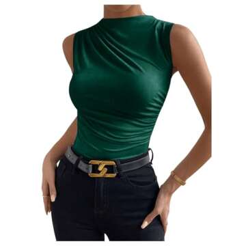 Milumia Women's Casual Ruched Mock Neck Tank Top Sleeveless Slim Fit Work Shirt Tops Dark Green Small