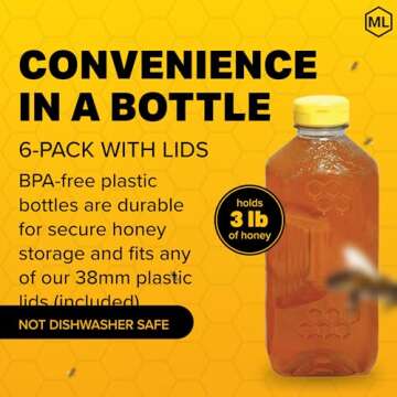 Mann Lake Refillable Embossed Honey Jugs | 3 lb Plastic Containers with Yellow Flip-Top Lids | Empty Bottles for Honey Storage & Dispensing | 6-Pack (Honey Not Included)