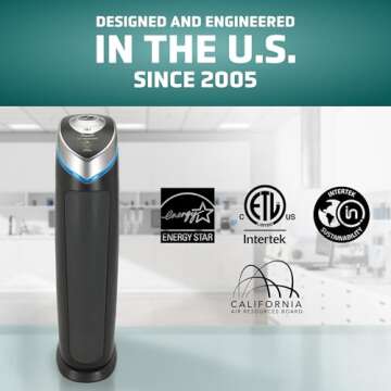 GermGuardian Air Purifier for Home with HEPA Pure Filter, for Wildfire Smoke, Pet Dander, Pollen, Odors, Large Rooms Up To 915 Sq. Ft., Removes 99.97% Pollutants, UV-C Light, 28", AC5000E, Gray