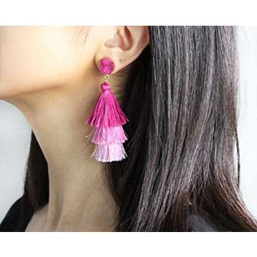 Pink Ombre Tassel Dangle Earrings for Women Valentine Day Gift, Cute Lightweight Statement Light Pink Drop Earrings Stud for Wife Mom Birthday Party