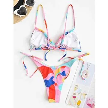 ZAFUL Bowknot Colorblock Tie Side String Bikini Swimwear High Cut Thong Bikini Set