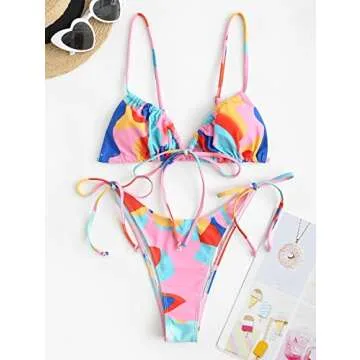 ZAFUL Bowknot Colorblock Tie Side String Bikini Swimwear High Cut Thong Bikini Set