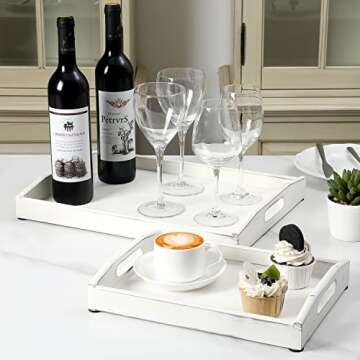 MyGift Vintage Rustic Whitewashed Wood Nesting Serving Trays/Decorative Ottoman Trays with Oval Cutout Handles, Set of 3