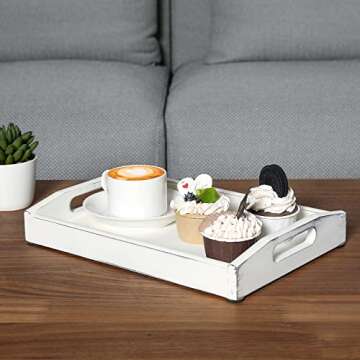 MyGift Vintage Rustic Whitewashed Wood Nesting Serving Trays/Decorative Ottoman Trays with Oval Cutout Handles, Set of 3