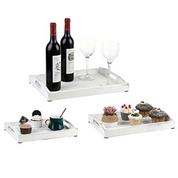 MyGift Vintage Rustic Whitewashed Wood Nesting Serving Trays/Decorative Ottoman Trays with Oval Cutout Handles, Set of 3