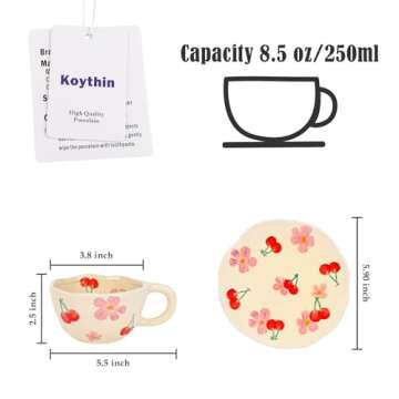 Koythin Ceramic Coffee Mug with Saucer, Cute Flower Cup for Office and Home, 8.5 oz/250 ml for Latte...