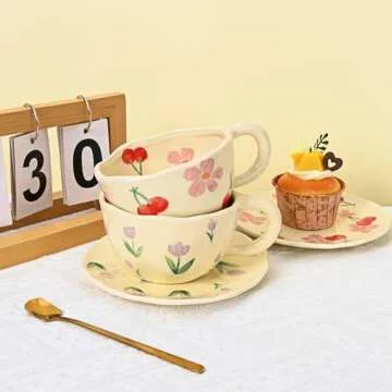 Koythin Ceramic Coffee Mug with Saucer, Cute Flower Cup for Office and Home, 8.5 oz/250 ml for Latte Tea Milk, Fruit Mugs Suitable for Mom on Mother's Day (Pink Cherry)
