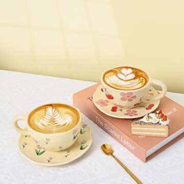 Koythin Ceramic Coffee Mug with Saucer, Cute Flower Cup for Office and Home, 8.5 oz/250 ml for Latte Tea Milk, Fruit Mugs Suitable for Mom on Mother's Day (Pink Cherry)