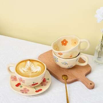 Koythin Ceramic Coffee Mug with Saucer, Cute Flower Cup for Office and Home, 8.5 oz/250 ml for Latte Tea Milk, Fruit Mugs Suitable for Mom on Mother's Day (Pink Cherry)