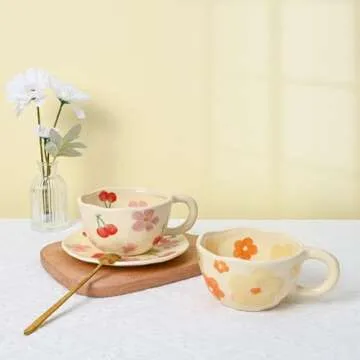 Koythin Ceramic Coffee Mug with Saucer, Cute Flower Cup for Office and Home, 8.5 oz/250 ml for Latte Tea Milk, Fruit Mugs Suitable for Mom on Mother's Day (Pink Cherry)
