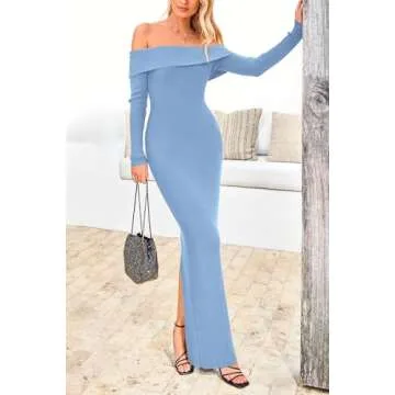 PRETTYGARDEN Women's Winter Sweater Dress Long Sleeve Off Shoulder Slit Maxi Bodycon Cocktail Party Dresses (Light Blue,Medium)