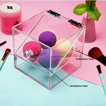 Newslly Acrylic Covered Makeup Sponge Holder with Lid 4 Slots Makeup Sponge Organizer Box for Beauty Blender
