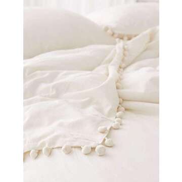 Flber White Pom-Fringe Duvet Cover King Queen Queen Size 86in x 90in