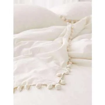 Flber White Pom-Fringe Duvet Cover King Queen Queen Size 86in x 90in