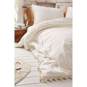 Flber White Pom-Fringe Duvet Cover King Queen Queen Size 86in x 90in