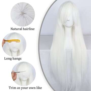 ANOGOL Wig Cap+32 In/ 80 cm Long White Wig Straight Synthetic Wig White Cosplay Wig, Straight White ...