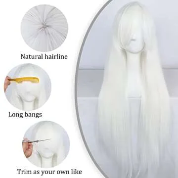 ANOGOL Wig Cap+32 In/ 80 cm Long White Wig Straight Synthetic Wig White Cosplay Wig, Straight White ...