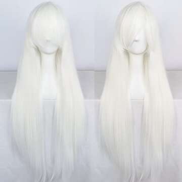 ANOGOL Wig Cap+32 In/ 80 cm Long White Wig Straight Synthetic Wig White Cosplay Wig, Straight White Wig with Bangs for Anime Cosplay, Peluca Blanca White Long Straight Wig for Halloween Costume Party
