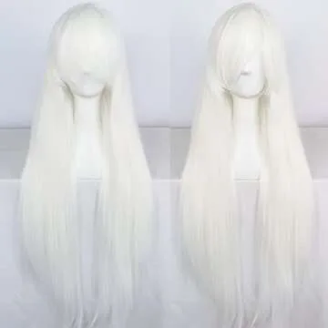 ANOGOL Wig Cap+32 In/ 80 cm Long White Wig Straight Synthetic Wig White Cosplay Wig, Straight White Wig with Bangs for Anime Cosplay, Peluca Blanca White Long Straight Wig for Halloween Costume Party