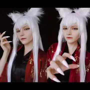 ANOGOL Wig Cap+32 In/ 80 cm Long White Wig Straight Synthetic Wig White Cosplay Wig, Straight White Wig with Bangs for Anime Cosplay, Peluca Blanca White Long Straight Wig for Halloween Costume Party