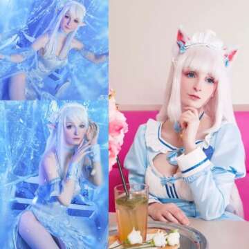 ANOGOL Wig Cap+32 In/ 80 cm Long White Wig Straight Synthetic Wig White Cosplay Wig, Straight White Wig with Bangs for Anime Cosplay, Peluca Blanca White Long Straight Wig for Halloween Costume Party