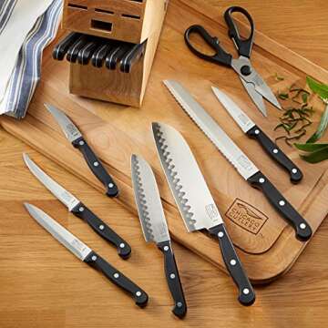 Chicago Cutlery Essentials 15 Piece Stainless Steel Kitchen Knife Set with Shears, Paring, Fruit, Utility, Santoku, Bread, and Steak Knives, Knife Set for the Kitchen with Block