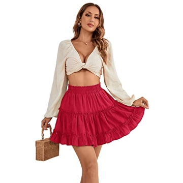 LYANER Women's Pleated Ruffle Hem Short Skirt Red1 - Versatile Fashion