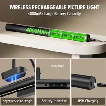 Bridika Picture Light Battery Operated, 13.8in Picture Lights for Wall, 3 Colors & Brightness Dimmable, Rechargeable Art Light for Paintings Photo Dartboard Gallery Bedroom Bathroom Black
