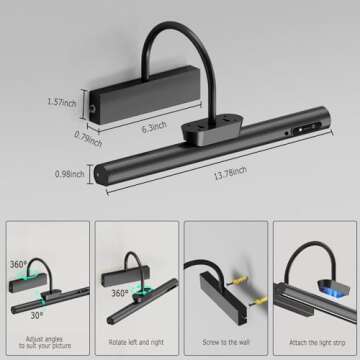 Bridika Picture Light Battery Operated, 13.8in Picture Lights for Wall, 3 Colors & Brightness Dimmable, Rechargeable Art Light for Paintings Photo Dartboard Gallery Bedroom Bathroom Black