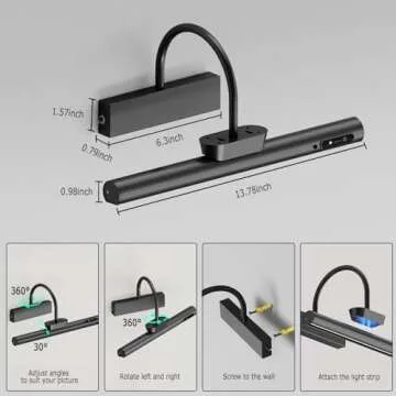 Bridika Picture Light Battery Operated, 13.8in Picture Lights for Wall, 3 Colors & Brightness Dimmable, Rechargeable Art Light for Paintings Photo Dartboard Gallery Bedroom Bathroom Black