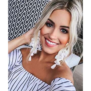 White Tassel Earrings Statement Fringe Drop Bohemian Earrings Geometric Dangle for Women