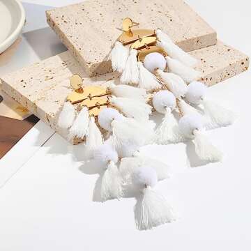 White Tassel Earrings Statement Fringe Drop Bohemian Earrings Geometric Dangle for Women