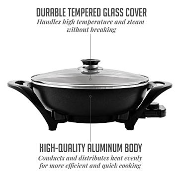 OVENTE Electric Wok with Nonstick Coating, 13 Inch Family-Sized Skillet, 1400W Power, Adjustable Temperature, Tempered Glass Lid, Cool Touch Handles and Easy to Clean Frying Surface, Black SK3113B