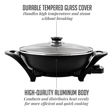OVENTE Electric Wok with Nonstick Coating, 13 Inch Family-Sized Skillet, 1400W Power, Adjustable Temperature, Tempered Glass Lid, Cool Touch Handles and Easy to Clean Frying Surface, Black SK3113B
