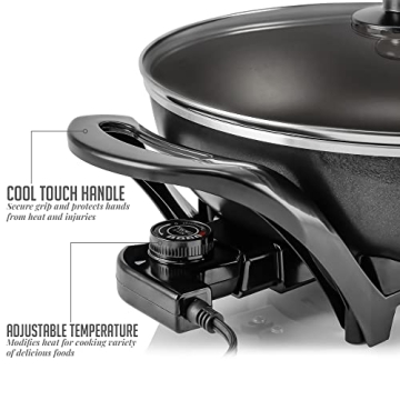 OVENTE Electric Wok with Nonstick Coating, 13 Inch Family-Sized Skillet, 1400W Power, Adjustable Temperature, Tempered Glass Lid, Cool Touch Handles and Easy to Clean Frying Surface, Black SK3113B