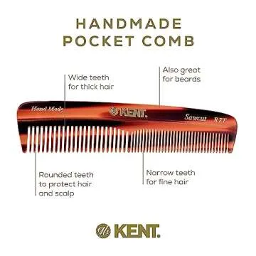 Kent R7T The Apsley Fine and Wide Tooth Beard and Hair Comb - Pocket Travel Comb for Men and Women