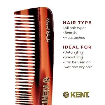 Kent R7T The Apsley Fine and Wide Tooth Beard and Hair Comb - Pocket Travel Comb for Men and Women