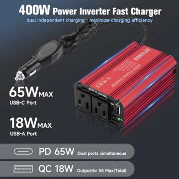 400W Power Inverter 12V DC to 110V AC, Car Charger Plug in Adapter Outlet with PD 65W USB-C&QC 18W P...