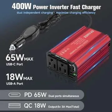 400W Power Inverter 12V DC to 110V AC, Car Charger Plug in Adapter Outlet with PD 65W USB-C&QC 18W P...