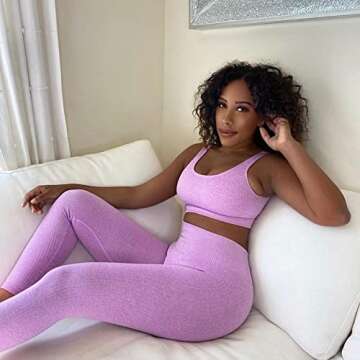 OLCHEE Women's 2 Piece Tracksuit Workout Outfits - Seamless High Waist Leggings and Stretch Sports Bra Yoga Activewear Set - Purple Size S