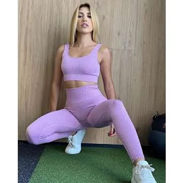 OLCHEE Women's 2 Piece Tracksuit Workout Outfits - Seamless High Waist Leggings and Stretch Sports Bra Yoga Activewear Set - Purple Size S