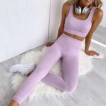 OLCHEE Women's 2 Piece Tracksuit Workout Outfits - Seamless High Waist Leggings and Stretch Sports Bra Yoga Activewear Set - Purple Size S