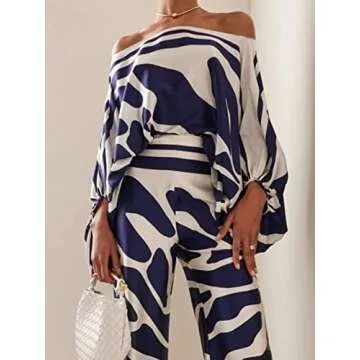REASERAL Womens Summer Loose 2 Piece Outfits Off Shoulder Printed Long Sleeve Casual Going Out Wide Leg Pants Set