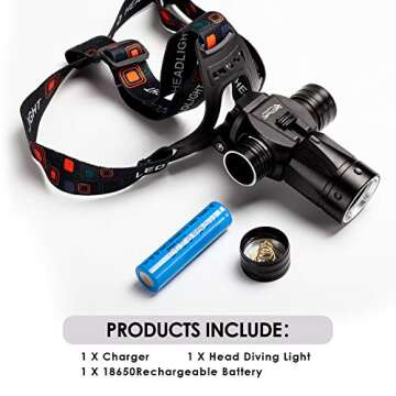 2BK Head Diving Flashlight,1000 Lumens 80m Underwater Diving Light,Super Bright XML-L2 LED,Waterproof IPX8 Diver Head Lights with Comfortable Adjustable Strap,1*Charger and 1*Battery