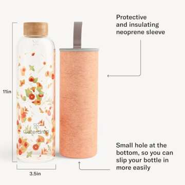 waterdrop Edition Glass Bottle 34 oz - BPA free Water Bottle - Water Bottle with Leakproof Bamboo Lid and Neoprene Protection Sleeve, Glass Drinking Bottle - Sustainable Borosilicate Water Bottle