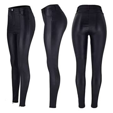 WAYRUNZ Womens High Waisted Stretch Faux Leather Pants PU Coated Legging Juniors (032-coated Black 7)
