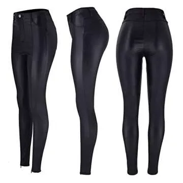 WAYRUNZ Womens High Waisted Stretch Faux Leather Pants PU Coated Legging Juniors (032-coated Black 7)