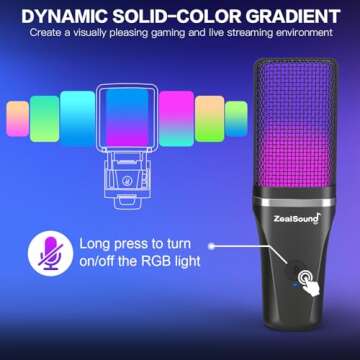 ZealSound Gaming USB Microphone for Phone PC PS5,RGB Mic with Quick Mute,RGB Indicator,Tripod Stand,...