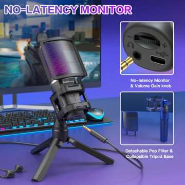 ZealSound Gaming USB Microphone for Phone PC PS5,RGB Mic with Quick Mute,RGB Indicator,Tripod Stand,Pop Filter,Shock Mount,Gain Control,No-Lentancy Monitor for Streaming Discord Twitch Podcasts Videos