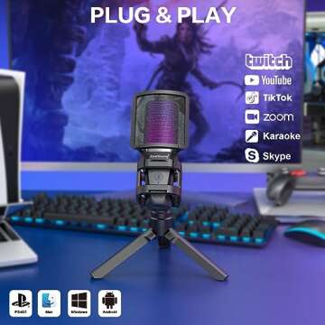 ZealSound Gaming USB Microphone for Phone PC PS5,RGB Mic with Quick Mute,RGB Indicator,Tripod Stand,Pop Filter,Shock Mount,Gain Control,No-Lentancy Monitor for Streaming Discord Twitch Podcasts Videos